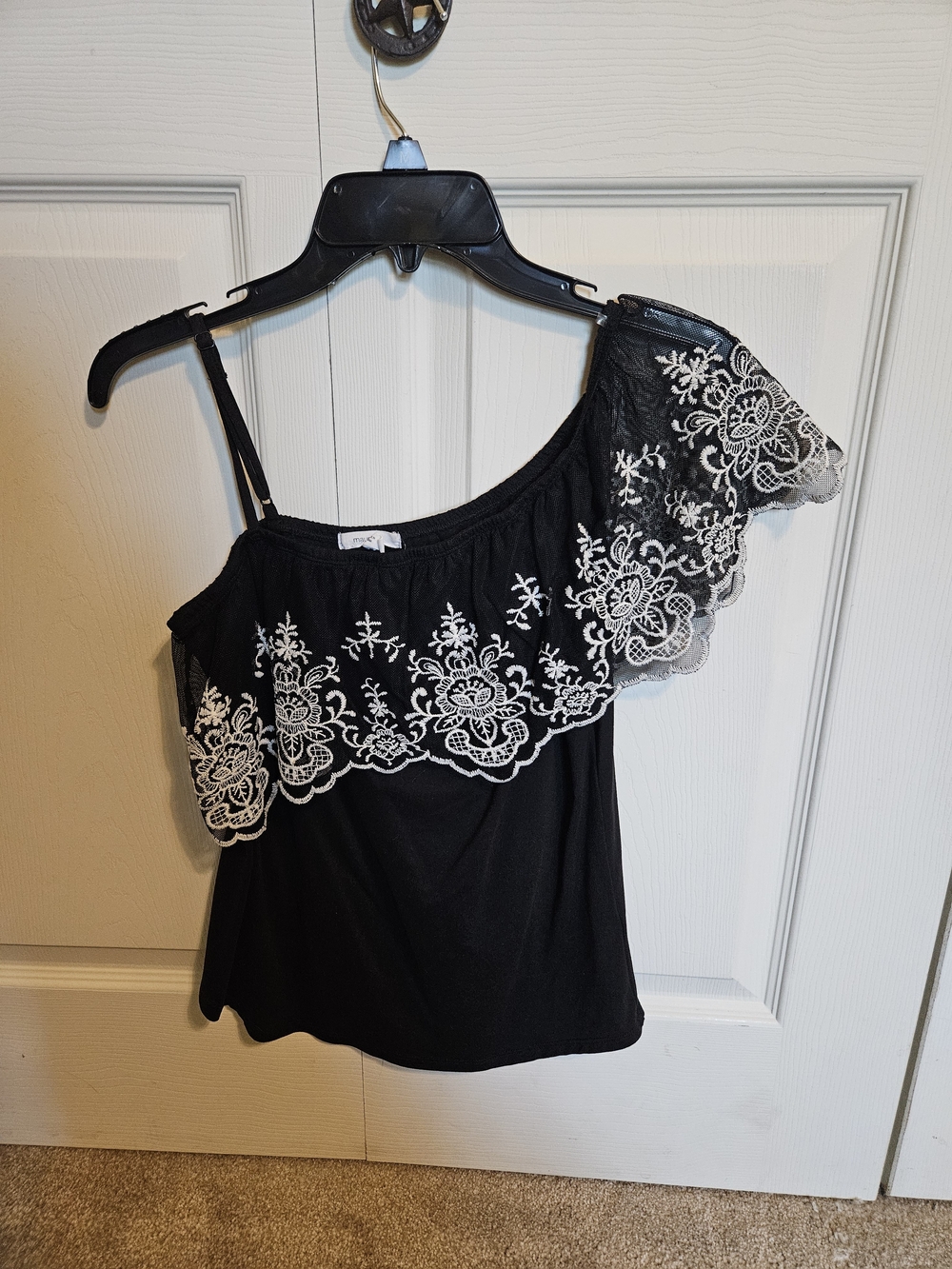 Maurices Black One-Shoulder Camisole with White Lace Embroidery